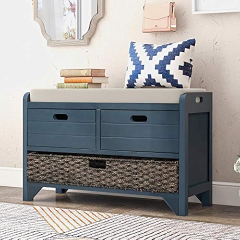 SOFTSEA Storage Bench for Entryway, Upholstered Storage Ottoman with Removable Basket and 2 Drawers, Farmhouse Shoe Bench with Seat Cushion for Entryway, Living Room, Full Assembled, Navy Cover
