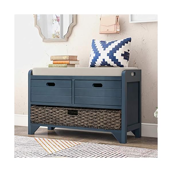 LOVMOR 32" Storage Bench for Entryway, Shoe Bench with Storage Removable Basket and 2 Drawers, Entryway Bench with Shoe Storage, Entryway Storage for Hallway, Entryway, Mudroom and Living Room, Navy