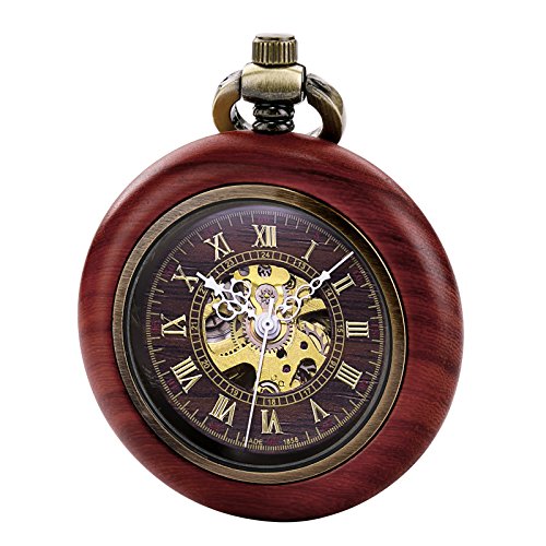 TREEWETO Vintage Hout Automatische Mechanische Pocket Horloge voor Mannen Vrouwen Steampunk Skeleton Wijzerplaat met Ketting + Geschenkdoos