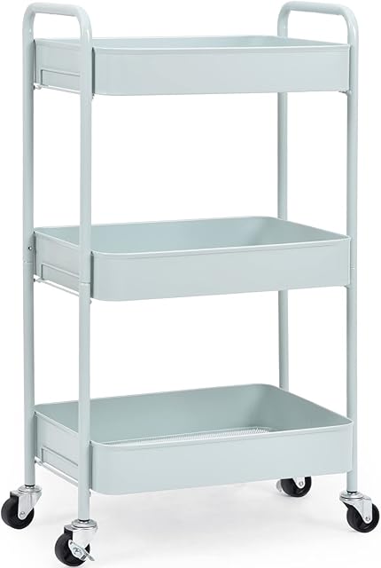 KINGRACK 3-Tier Rolling Cart, Metal Storage Trolley with Lockable Wheels,Mobile Storage Cart Rack Shelves for Office,Bathroom, Classroom,Kitchen Serving Trolley Utility Cart No Screws Assemble Green