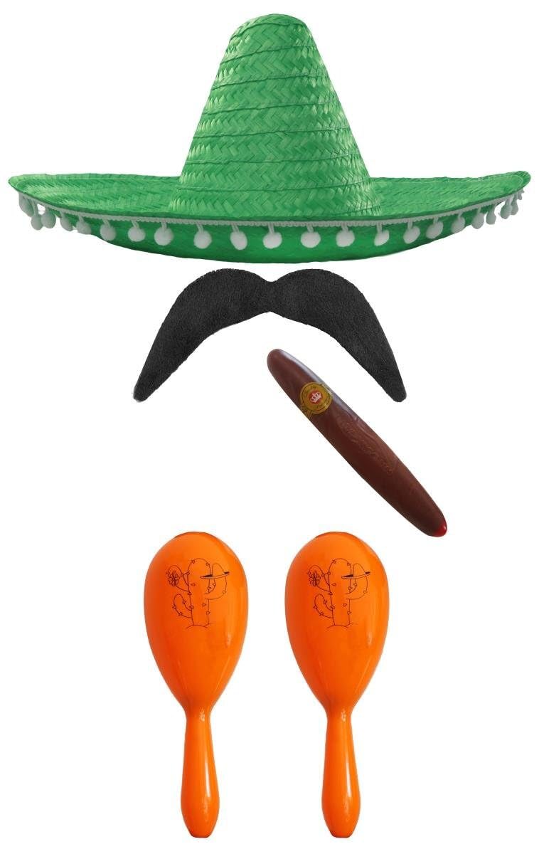 Mexican Fancy Dress Accessory Set. Mexican Sombrero + Maracas + Tash. Perfect for Mexican Fancy Dress Costumes Senorita Bandit Mariachi (Green Pom Pom Sombrero + 2x Orange Maracas)