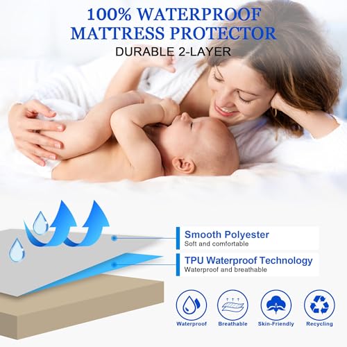 Image of 100% Waterproof Mattress Protector | Permium Cotton Mattress Skin Friendly Bed Cover | Breathable & Non-Allergenic Ultra Soft Elastic Fitted Bed Protector | 75x70 Inch, King, Beige