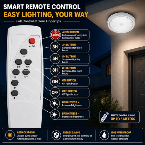 Image of 100W Solar Ceiling Light for Home Indoor Outdoor Garden, Waterproof LED Solar Lamp with Remote Control, Motion Sensor LED Light, Dusk to Dawn Hanging Roof Light for Balcony, Terrace & Rooms