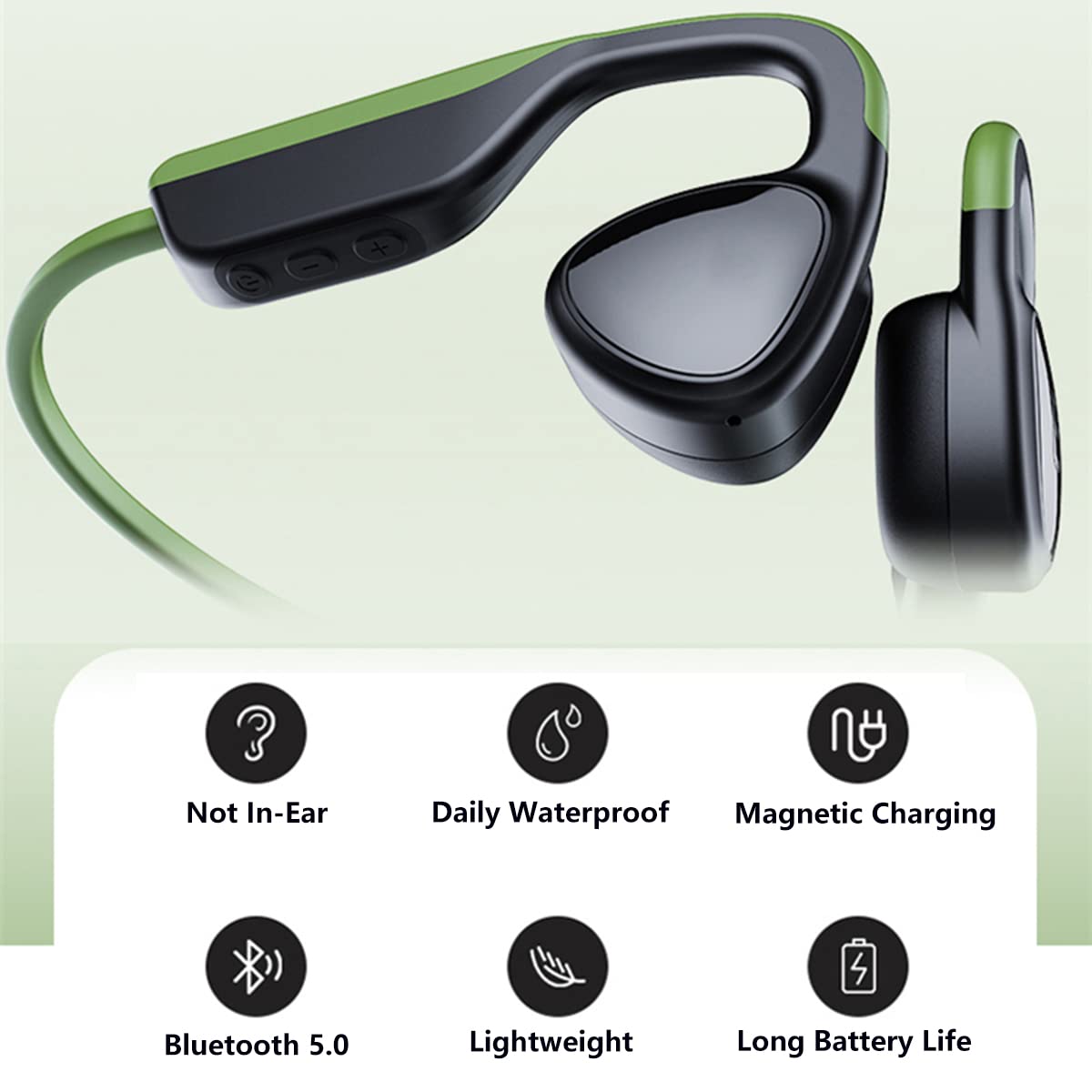 Bezprzewodowe słuchawki sportowe Bluetooth 5.0, przewodzenie kostne / otwarte douszne, bezprzewodowe słuchawki z redukcją szumów, słuchawki stereo do biegania, jazdy na rowerze, fitnessu, jazdy, wędrówek, magnetyczne ładowanie, zielone
