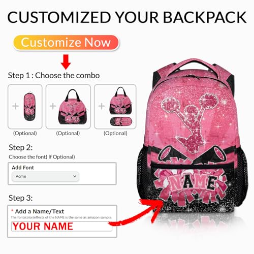 Cheer School Backpack for Girls Cheerleaders, Personalized Pink Glitter Backpacks for Kids Teams Kindergarten Preschool, 17 Inch Lightweight Custom Bookbag, Back to School Gift3