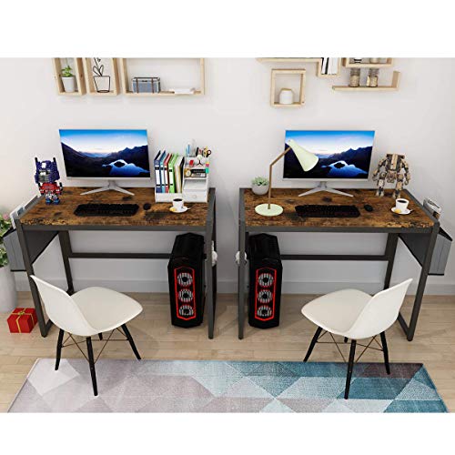 Image of Small Computer Desk for Small Spaces with Storage Bag 4 Hanging Hooks, 39.4x19.7x29.9 inches Modern Rustic Desk Wooden Tabletop and Metal Leg Writing Table for Student Office PC Gaming Sewing Table