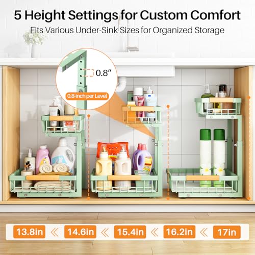 Image of PXRACK Under Sink Organizer, Adjustable Height, 2 Tier Pull Out Under Cabinet Organizer, Slide Out Thickened Metal Under Sink Storage for Kitchen Bathroom Laundry Pantry Cabinet, Green, Large-1-Pack