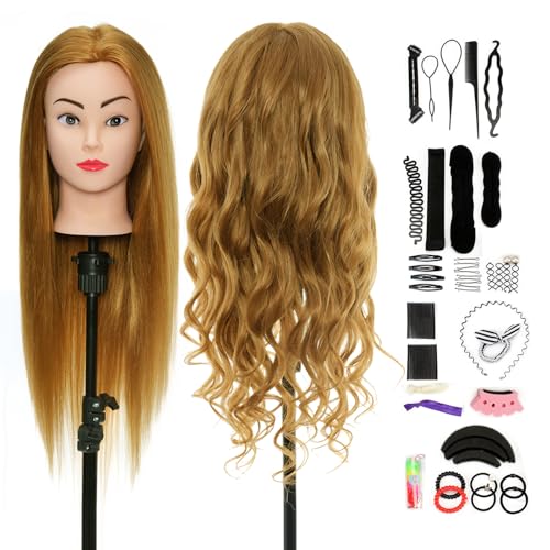 Styling Head Neverland Beauty 24 Inch 80% Real Human Hair Hairdressing Training Head Practice Mannequin Head With Free Clamp + Hair Styling Braid Set(Brown)