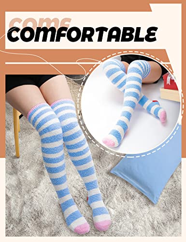 Image of MOGGEI Womens Thigh High Fuzzy Socks Warm Winter Over Knee High Long Striped Fluffy Cozy Fleece Socks 2 Pairs
