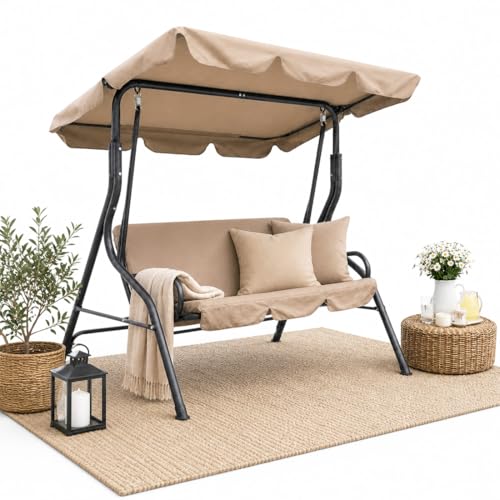 bakaji dondolo da giardino 3 posti con tetto parasole regolabile struttura in acciaio seduta in tessuto oxford dimensioni 170 x 110 x 153 cm (beige)