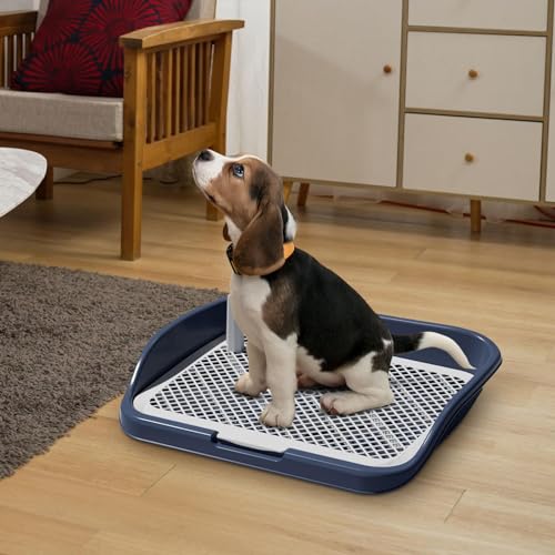 perfk Hundetoilette, Hundetöpfchen-Unterlage mit abnehmbarem Pfosten, Wiederverwendbare Netz-Trainingstoiletten-Töpfchenschale für kleine und mittelgroße, Navy Blau