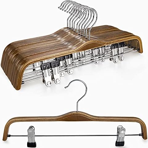 TOPIA HANGER Wooden Pants Hangers,Slim Natural Wood Skirt Hangers with Anti-Rust Hook and Adjustable Metal Clips, Perfect for Skirts,Pants,Slacks-10 Pack-CT17A Cover