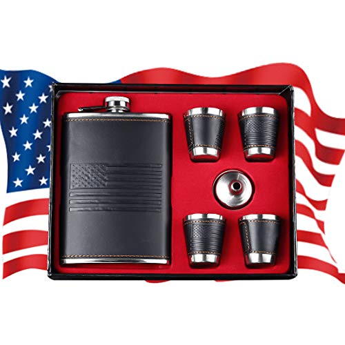 9 Ounce American Flag Flask Gift sets for Men- 18/8 Food Grade Stainless Steel Leak Proof with With Funnel and 4 Cups