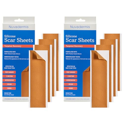 Image of NUVADERMIS Silicone Scar Sheets - Extra Long Scar Sheets for C-Section, Tummy Tuck, Keloid, and Surgical Scars - Reusable Medical Grade Silicone Scar Sheets - 2 Packs of 4 - Medium Tone