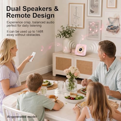 Image of Gueray Portable CD Player Bluetooth: CD Players for Home Rechargeable Desktop Wall Portable CD Player with Bluetooth & Dual Speakers 1800mAh Boombox FM Radio MP3 Music Player (Pink)