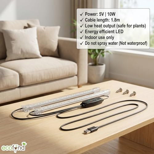Image of ecofynd Aira2 2 Years Warranty Grow Light for Indoor Plants (Seedlings & Leafy herbs), White Spectrum Auto On /Off Automatic Timer, 2 Head 10 Watt LED Artificial Sunlight, 1.8M Wire Type C Connector