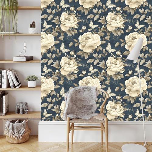 Papier peint adhésif fleur vintage de pivoine or et noir pour mur - 4