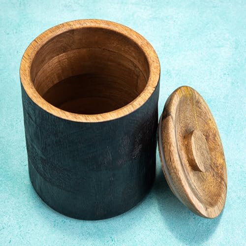 Image of Prakriti Acacia Wood Canister for Kitchen Organization | Tea Coffee Sugar Storage Jar | Natural Wooden Canister | 13.97 x 17.78 cm