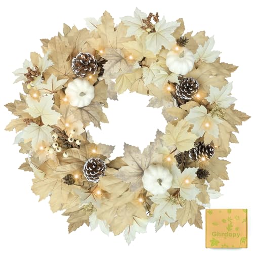 Image of Fall Wreath with Lights 22 Inch | Pre-Lit Wreath with Maple Leaves Pumpkins & Pinecones for Indoor Outdoor Wall Porch Thanksgiving Halloween Decor