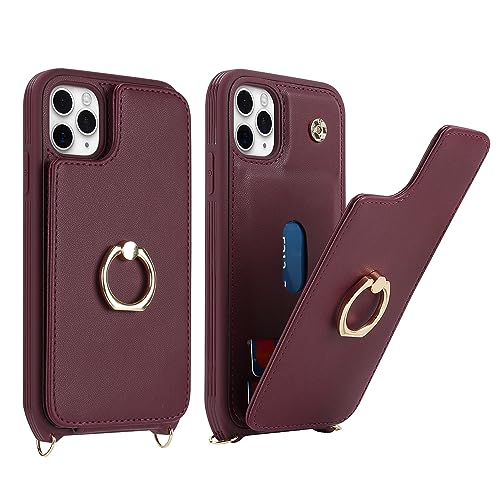 Image of for iPhone 11 Pro Phone Case with Card Holder and Strap for Women,Crossbody Lanyard,RFID Blocking,Kickstand Ring Stand,Snap Clasp,Phone Wallet Cases 5.8 inch(Wine Red)