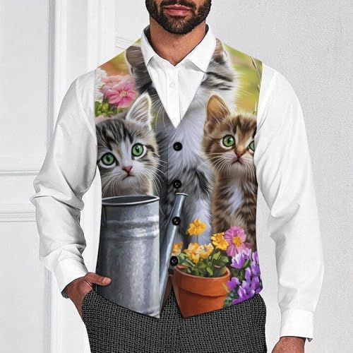 Three Cute Cats Flowers Trendy Vest Suit for Men V Neck Formal Dress Waistcoat Vests Business Slim Fit4