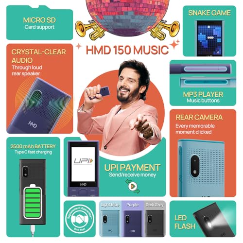 Image of HMD 150 Music Keypad Mobile with Bluetooth | Built-in Powerful Loud Speaker & Dedicated Music Buttons | 2500 mAh Big Battery & Type C Fast Charger | Built-in UPI App with Scan & Pay | Dark Grey