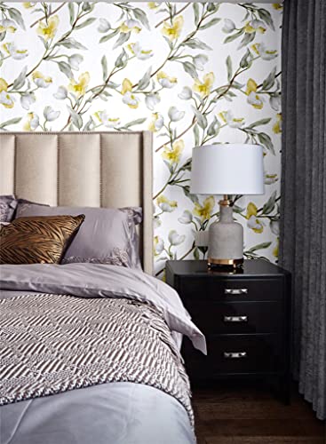 Blooming Wall Dpy49 Yellow Goldfinch Magnolia Flowers On Tree Branch Peel And Stick Wallpaper Self Adhesive Wall Mural Wall Decor, 14.5 Square Ft/Roll #TOP2