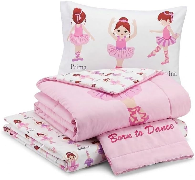 EVERYDAY KIDS 4 Piece Toddler Bedding Set -Born to Dance Ballerina- Includes Comforter, Flat Sheet, Fitted Sheet and Reversible Pillowcase