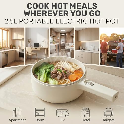 Image of Ceramax PRO 2.5L Electric Hot Pot with Lid & Steamer, All in 1 Non Toxic Ceramic Cooker Skillet Hotpot and Deep Fryer Pot for Ramen, for Dorms, Camping, RVs, Adjustable Temp. - New Improved 2026 Model