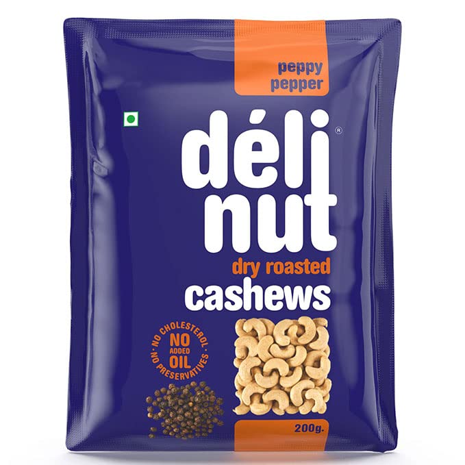 Delinut Dry Roasted Cashews | Plain and Flavoured Cashews (Pepper, 200 gm)