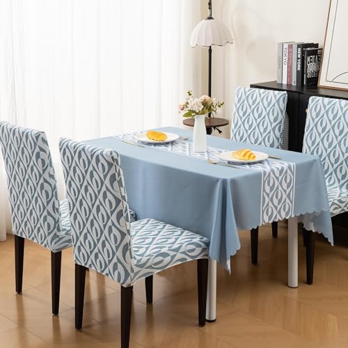 Image of HOMETHREADS Stretchable Elastic Jacquard Chair Seat Cover and Waterproof Dining Table Cover - Removable & Washable, Durable Seat Protector for Dining Room (Blue, 8Chairs+1Table Cover (150X250))