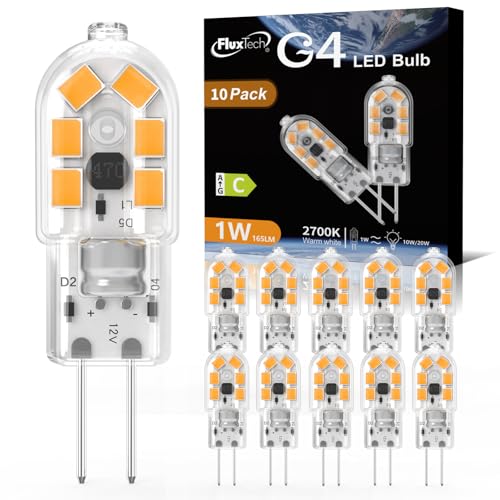 FluxTech G4 LED Bulbs 1W AC/DC 12V Warm White 2700K Equivalent 10W 15W 20W G4 Halogen Lamp 165LM Non-Dimmable No Flickering Energy Saving Capsule Light Bulb for Home-Lighting 10 Pack