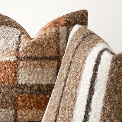 Image of Foindtower Pack of 2 Soft Faux Fur Boucle Throw Decorative Pillow Covers Fuzzy Accent Striped Cushion Sherpa Boho Farmhouse Pillowcase for Couch Sofa Bed Living Room Home Decor 20x20 Inch,Cocoa Brown