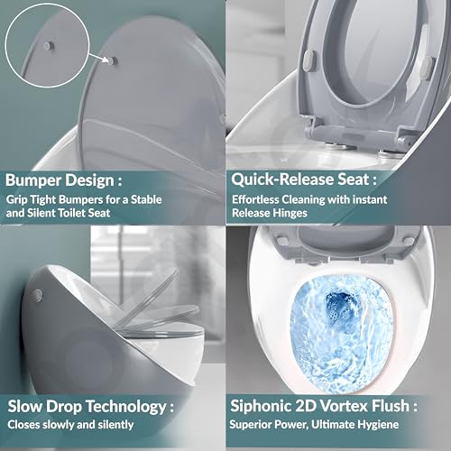 Image of Plantex Imported Ceramic Commode /Rimless 2D Siphonic Flush Western Toilet /Bathroom Commode with Soft Closing Toilet Seat Cover - S Trap (White & Grey)