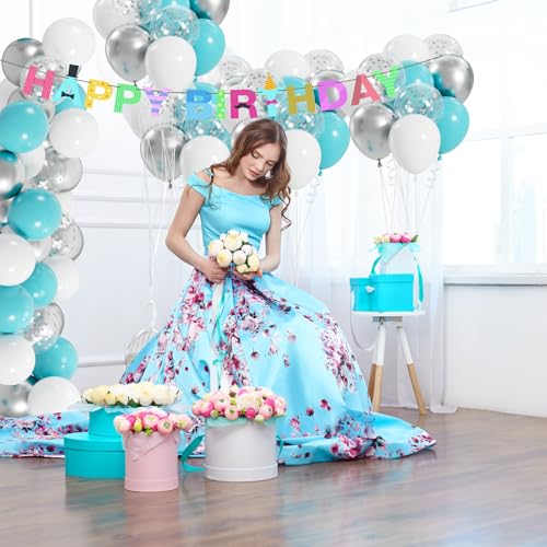 Image of 100pcs Teal Blue White Silver Confetti Balloons, 12inch Turquoise, White, Metallic & Glitter Latex Balloons for Wedding Birthday Baby Shower Party Decoration