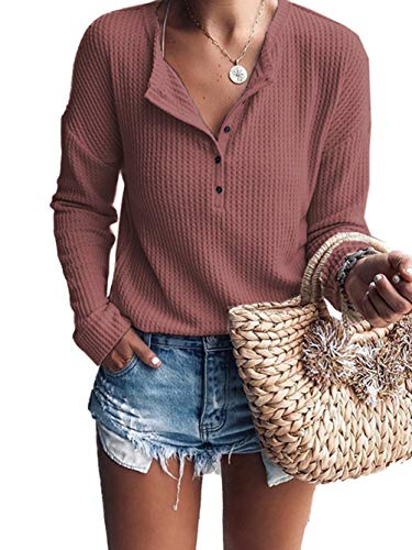 Image of Famulily Women's Waffle Knit Tunic Tops Loose Long Sleeve Button Up V Neck Henley Shirts