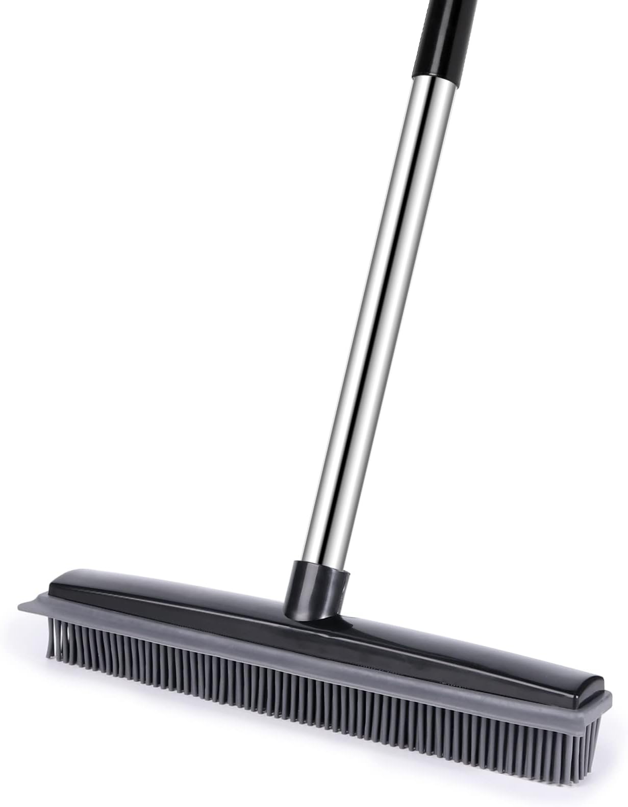 Push Broom, Soft Bristle Rubber Sweeper Squeegee Edge with 59 inches Adjustable Long Handle, Non Scratch Bristle Broom for Pet Cat Dog Hair Carpet Hardwood Floor Tile Windows Cleaning (Black)