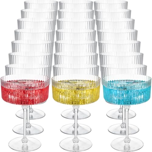 Jingmore 24 Pcs Clear Ribbed Martini Glasses 10 oz Disposable Plastic Vintage Ribbed Coupe Glasses Cocktail Unbreakable Dessert Parfait Glassware for Wedding Birthday Party Supplies