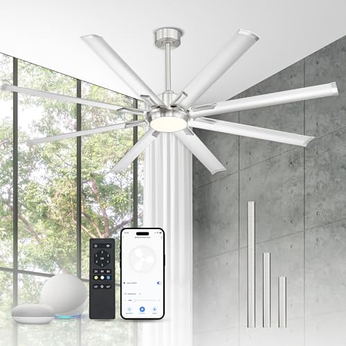 Image of 84 Inch Industrial Ceiling Fans with Lights and Remote,Extra Large Indoor Ceiling Fan with 8 Aluminium Metal Blades,Brushed Nickel Ceiling Fan,CF04BN-84