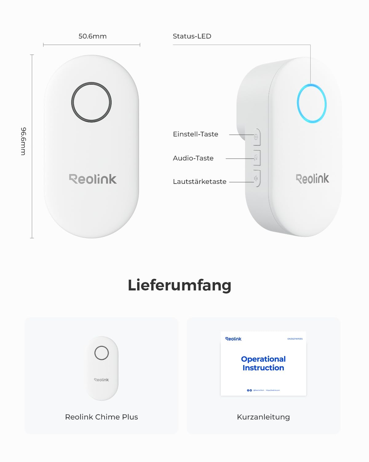 Reolink Chime Plus, NUR Kompatibel mit Video Doorbell WiFi/PoE mit Hardware V2 od. höherer Version, Funktioniert mit Doorbell Battery, Plug&Play, Fernsteuerung via App, mehrere Klingeltonoptionen