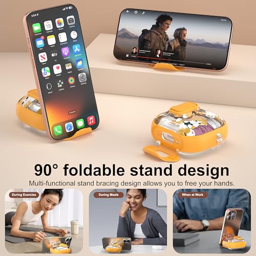 Image of for AirPods 4 Case 2025 with Safety Lock & Foldable Phone Stand, Yellow Cat | Double Drop Protection,Two-Piece Design, Airpod 4 Case with Keychain & Cleaner Kit, Support Wireless Charging, Shockproof