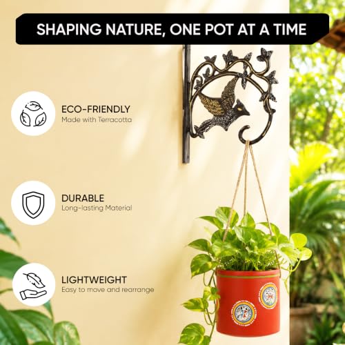 Image of AAKRITI ART CREATIONS Terracotta Hanging Planter with Metal Stand | Red Rose Warli Art, Matte Finish | Decorative Hanging Pot for Indoor & Outdoor Home Decor