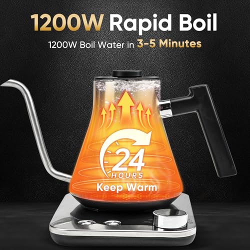 Image of COZII Electric Gooseneck Kettle, 5 Presets & ±1℉ Temperature Control 1000W /0.9L Quick Heating Water Boiler for Coffee /Tea, 24H Keep Warm, Auto Shut Off Pour Over Kettle with 50pcs Coffee Filter,Silver