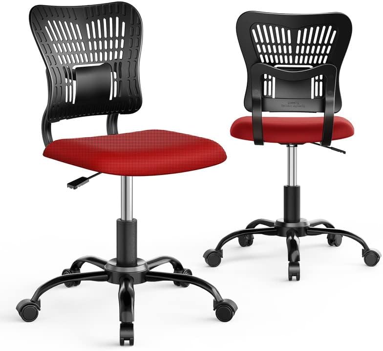 PALONE Home Office Chair Ergonomic Desk Chair Mesh Computer Adjustable Height Seat 360° Swivel Gaming Armless Chair Task with 5 Rolling Castors Upholstered Comfy No Arms Office Chair（Red）
