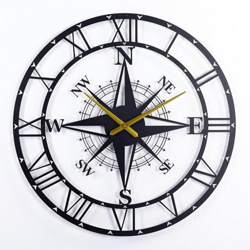 Vivazle Compass Metal Wall Clock – Vintage Nautical Design, Silent