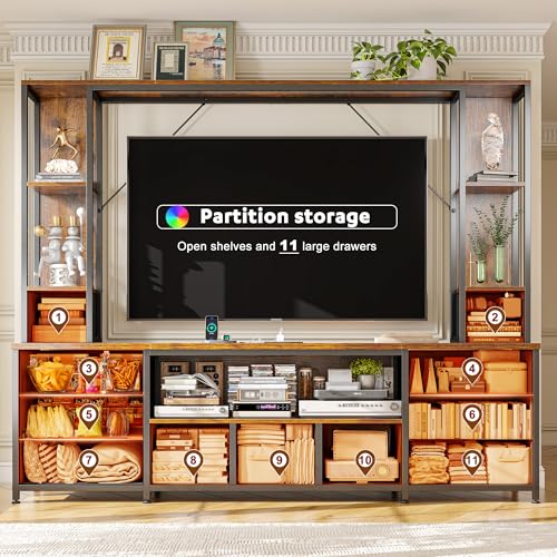 EnHomee 78.6" TV Stand for Living Room, Large Entertainment Center with 11 Fabric Drawers, 2 LED Lights & Power Outlets, Modern Dresser with Storage Shelves, Wall Unit for Bedroom, Brown