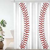 BALMYPAUS Baseball Sports Shower Curtains for Bathroom,Polyester Fabric White Red Base Ball Stitches Texture Sport Themed Shower Curtain with 12 Hooks,Bath Curtain for Bathroom Decor 72W x 72H