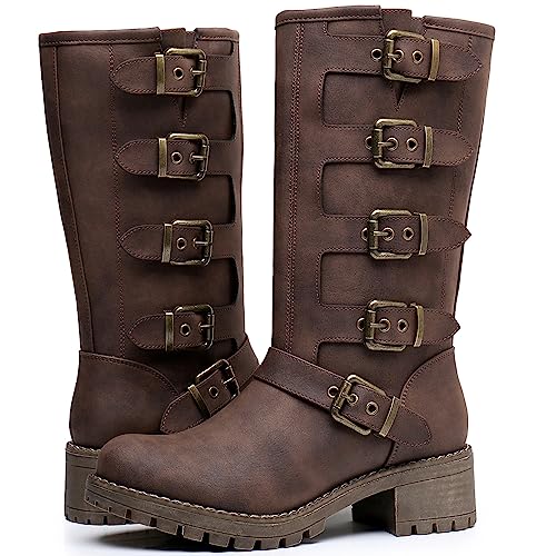 Image of GLOBALWIN Chunky Mid Calf Fashion Dressy Motocycle Biker Military Style Combat Boots for Women Low Heel