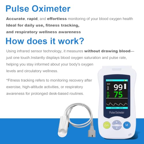 Image of Pulse Oximeter, Continuous Pulse Oximeters Medical Grade Accuracy SpO2 Overnight Pulse Rate Monitoring 20 Hours Pulse Oximeter Handheld Blood Oxygen Saturation Monitor with 500 Data Storage