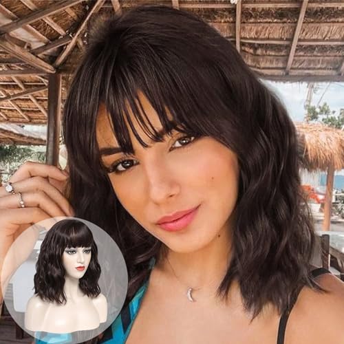 Coolbeeza Short Dark Brown Wavy Wig with Bangs for Women Short Brown Curly Shoulder Length Bob Wigs Synthetic Heat Resistant Hair for Girls Daily Party Use（12 Inch）